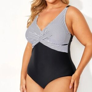 NWOT Women's One Piece Striped Tummy Control Front Cross Swimsuit Bathing Suit